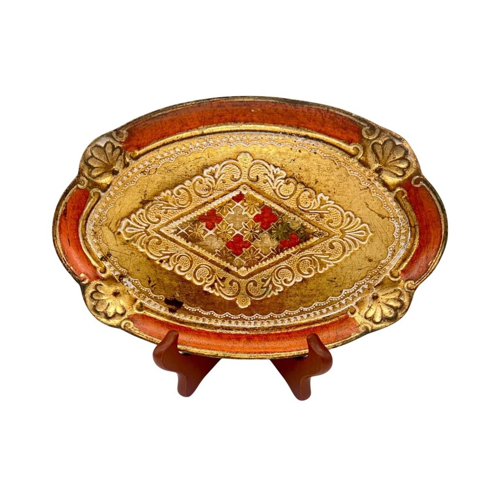 Vintage Italian Florentine Gilt Gold & Orange Wooden Tray Hollywood Regency 10"L